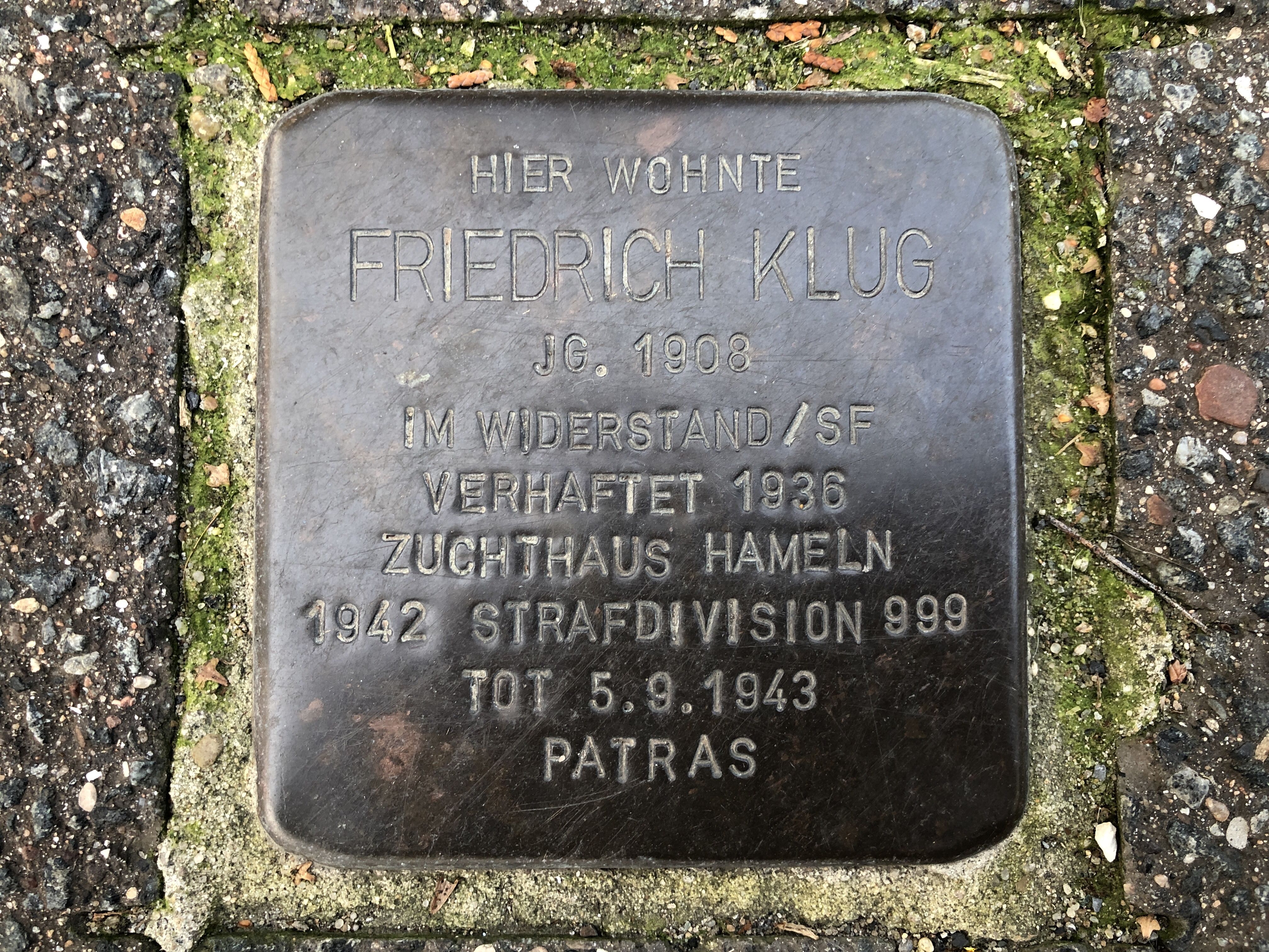 Stolperstein dedicated to Friedrich Klug